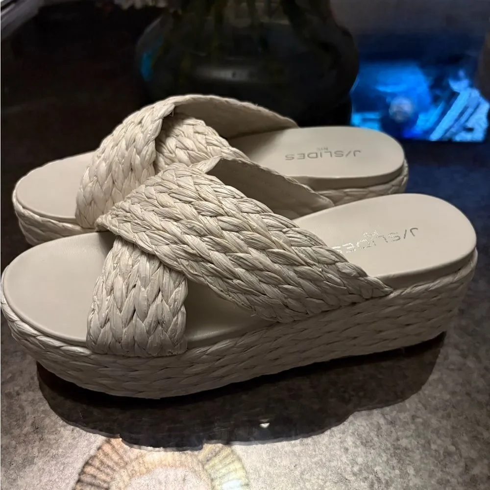 J/Slides QUIVER Bone Raffia Platform Sandals New